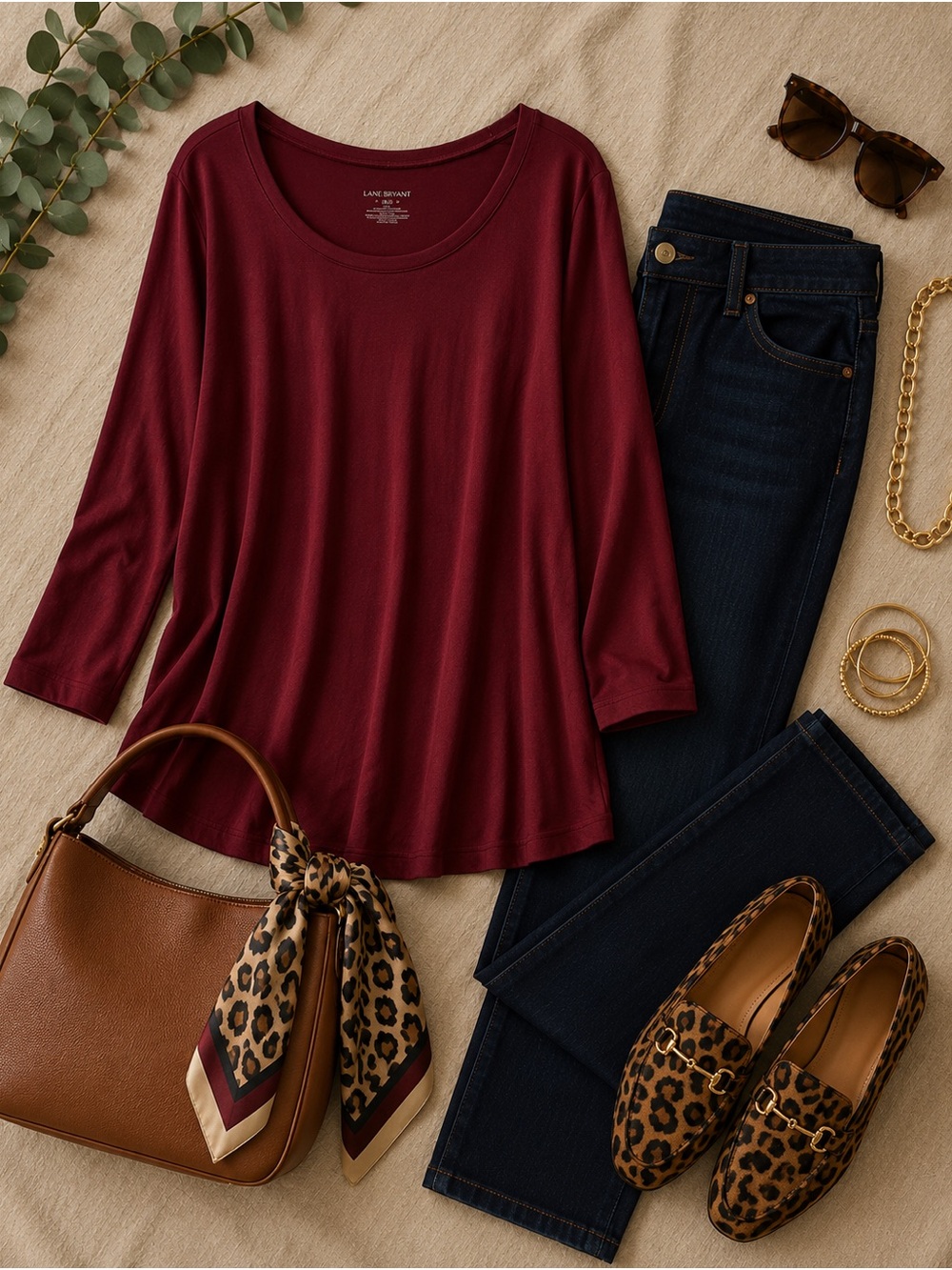 Lane Bryant Scoop Neck 3/4 Sleeve Top - Wine